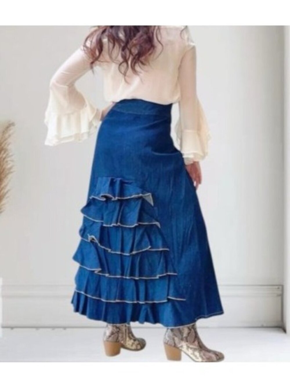 VTG Y2K Metrostyle Stretch Ruffled Maxi Denim Gypsy A Line Skirt Women Size 6